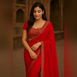 Women Gorgette Saree Party Wear Red (Stitched blouse)